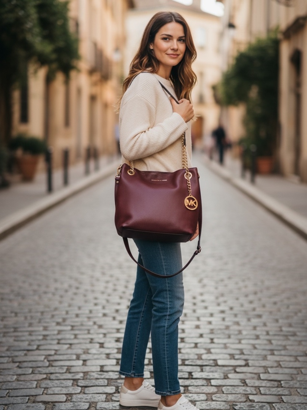 Michael Kors Jet Set Large Chain Tote Burgundy/Wine Pebbled Leather Shoulder Bag